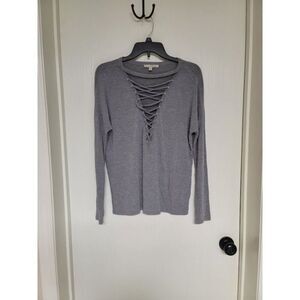 ~ womens grey express one eleven long sleeve shirt with open v neck - size xs
